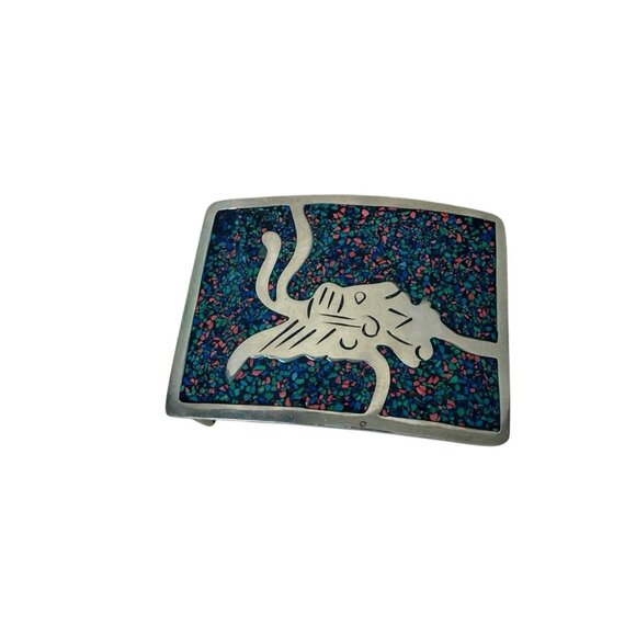 Vintage TAXCO Sterling Silver Inlay Belt Buckle Mosaic Aztec Mayan Design - Picture 3 of 6